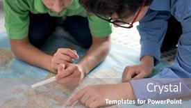  Presentation with trademark - PPT theme having two-boys-searching-on-world background and a coral colored foreground