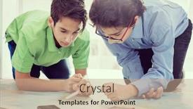  Presentation with trademark - Colorful presentation theme enhanced with two-boys-searching-on-world backdrop and a coral colored foreground