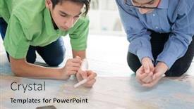  Presentation with world map - Audience pleasing presentation design consisting of two-boys-searching-on-world backdrop and a coral colored foreground