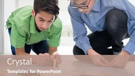  Presentation with world map - Presentation theme featuring two-boys-searching-on-world background and a coral colored foreground