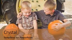  Presentation with tire - Slides enhanced with two boys sitting against a tractor tire holding pumpkins and talking in rustic setting background and a coral colored foreground