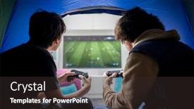  Presentation with war video game - Colorful presentation theme enhanced with two-boys-sitting-in-tent backdrop and a dark gray colored foreground