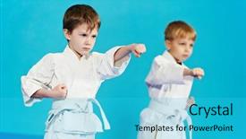  Presentation with karate - Amazing slide set having two boys training karate kata backdrop and a cyan colored foreground