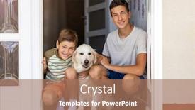  Presentation with dog house - Presentation theme featuring two-boys-with-a-dog background and a coral colored foreground