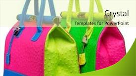  Presentation with leather bags - Slide set enhanced with two bright neon pink blue and green bags with gold lock and ostrich texture leather isolated on white background background and a blonde colored foreground