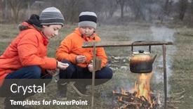  Presentation with forest fire - Cool new PPT theme with two-brother-roasting-hotdogs backdrop and a gray colored foreground