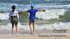  Presentation with cold water - Presentation design having two brothers on summer holidays background and a  colored foreground