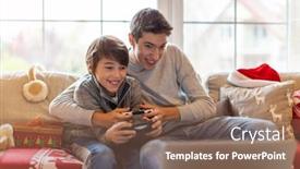  Presentation with computer games - Beautiful PPT layouts featuring two-brothers-playing-computer-games backdrop and a violet colored foreground