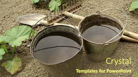  Presentation with vegetable gardening - PPT theme consisting of two buckets with water and gardening tools on the vegetable bed background and a tawny brown colored foreground