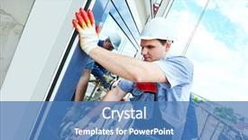  Presentation with glass - Audience pleasing presentation design consisting of two builders worker installing glass backdrop and a teal colored foreground