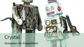  Presentation with military robot - Amazing PPT theme having two burnt robot toys backdrop and a mint green colored foreground