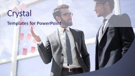  Presentation with new business ideas - PPT theme featuring two business colleagues discuss new background and a sky blue colored foreground