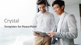  Presentation with new office - PPT theme featuring two-business-colleagues-discussing-new background and a white colored foreground