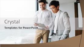  Presentation with new office - Slide deck enhanced with two-business-colleagues-discussing-new background and a light gray colored foreground