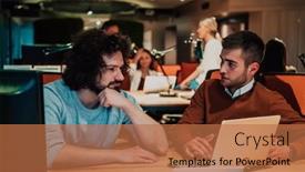  Presentation with joint - Presentation theme having two-business-friends-discuss background and a coral colored foreground