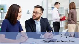  Presentation with partners - Slide set consisting of two business partners discussing plans background and a  colored foreground