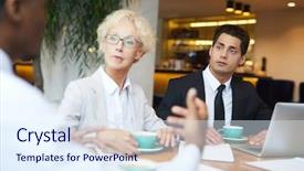  Presentation with restaurant business plan - Slide set with two business partners listening attentively background and a sky blue colored foreground