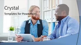  Presentation with planning - Beautiful presentation design featuring two business partners planning work at meeting backdrop and a light gray colored foreground