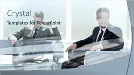  Presentation with partners - Slides featuring two business partners sitting in the office background and a sky blue colored foreground