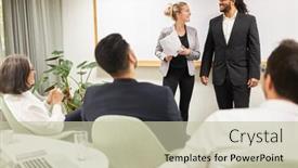  Presentation with business training - Slides enhanced with two-business-people-and-participants background and a mint green colored foreground