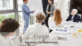  Presentation with speakers - Slide set consisting of two-business-people-as-speakers background and a light gray colored foreground