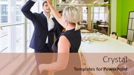  Presentation with celebrate office success - Slide set enhanced with two-business-people-celebrate-success background and a coral colored foreground