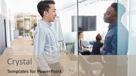  Presentation with multicultural - Cool new theme with two-business-people-discussing backdrop and a mint green colored foreground