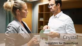  Presentation with coffee talk - PPT theme enhanced with two-business-people-drink background and a coral colored foreground
