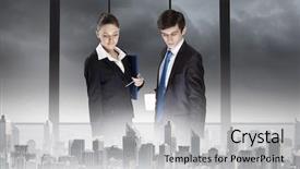  Presentation with construction design - Colorful slide deck enhanced with two business people examining design of construction model backdrop and a light gray colored foreground