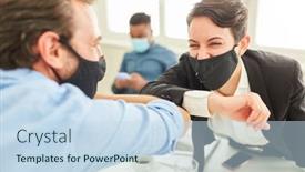  Presentation with business in green - Amazing slide set having two-business-people-greet-each backdrop and a sky blue colored foreground