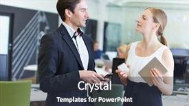  Presentation with two people talking - Cool new PPT theme with two business people holding their backdrop and a  colored foreground