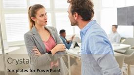  Presentation with talk - Presentation design with two-business-people-in-dialogue background and a coral colored foreground