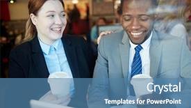  Presentation with african american meeting - Presentation theme consisting of two business people meeting in coffee shop after work young woman and african-american businessman looking at computer screen laughing and drinking coffee shot behind glass window background and a teal colored foreground