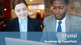  Presentation with african american meeting - Presentation design featuring two business people meeting in coffee shop after work young woman and african-american businessman looking at computer screen watching video and drinking coffee shot behind glass window background and a teal colored foreground