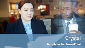 Presentation with african american meeting - Beautiful presentation theme featuring two business people meeting in coffee shop after work young woman and african-american businessman looking at document and drinking coffee shot behind glass window backdrop and a teal colored foreground