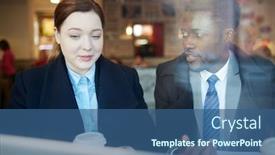  Presentation with african american meeting - Audience pleasing slide set consisting of two business people meeting in coffee shop after work young woman and african-american businessman interacting and gesturing shot behind glass window backdrop and a ocean colored foreground