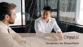  Presentation with modern building - Presentation theme with two-business-people-sitting background and a mint green colored foreground