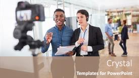  Presentation with live video streaming - Beautiful PPT theme featuring two-business-people-streaming-live backdrop and a coral colored foreground