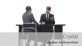  Presentation with two people talking - Slide set with two business people talking sitting at a desk background and a light gray colored foreground