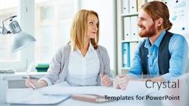  Presentation with two people talking - Cool new slide deck with two business people talking in office backdrop and a light blue colored foreground