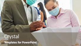  Presentation with covid - PPT theme having two-business-people-with-mouth background and a gray colored foreground