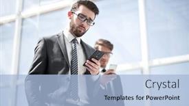  Presentation with smartphones - PPT layouts having two business people with smartphones background and a light blue colored foreground