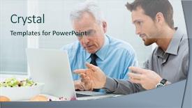  Presentation with business laptop globe satellite - Colorful PPT theme enhanced with two business people working backdrop and a sky blue colored foreground