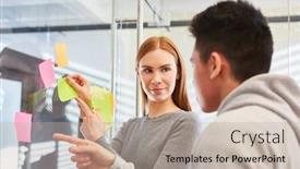  Presentation with sticky notes - Theme featuring two-business-trainees-with-sticky background and a mint green colored foreground