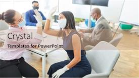  Presentation with give - Presentation design consisting of two-business-women-give-themselves background and a coral colored foreground