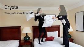  Presentation with business hotel - Cool new slides with two business women having pillow fight in a hotel room backdrop and a light gray colored foreground