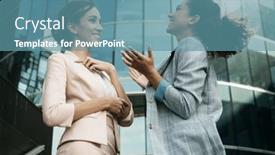  Presentation with women meeting - Slide set featuring two-business-women-having background and a teal colored foreground