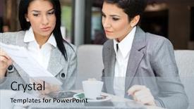  Presentation with women meeting - Slide deck featuring two business women in meeting background and a light blue colored foreground