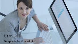  Presentation with business women - Beautiful PPT layouts featuring two business women sitting at desk and looking at camera backdrop and a light blue colored foreground