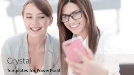  Presentation with business women - Colorful theme enhanced with two business women taking selfies in the office backdrop and a coral colored foreground